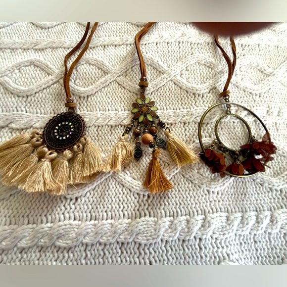 Jewelry - 3 Necklaces, Boho Style, Metal with Tassels, Faux Leather Strap